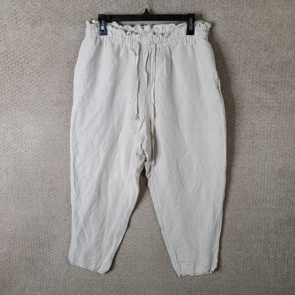 H&M Pants Womens L Beige Linen Blend Paperbag Waist Drawstring Cropped Casual